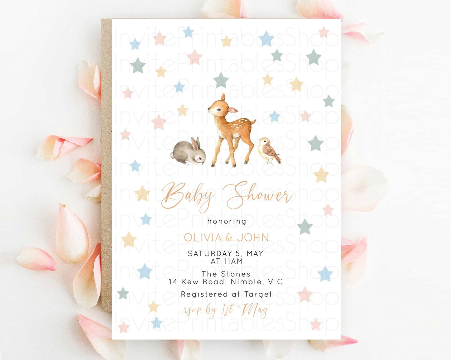 Fawn Baby Shower Invitation, : Baby Deer, Bunny, and Forest Animals with Pastel Blue Green Confetti Stars - Whimsical Woodland Theme D10918