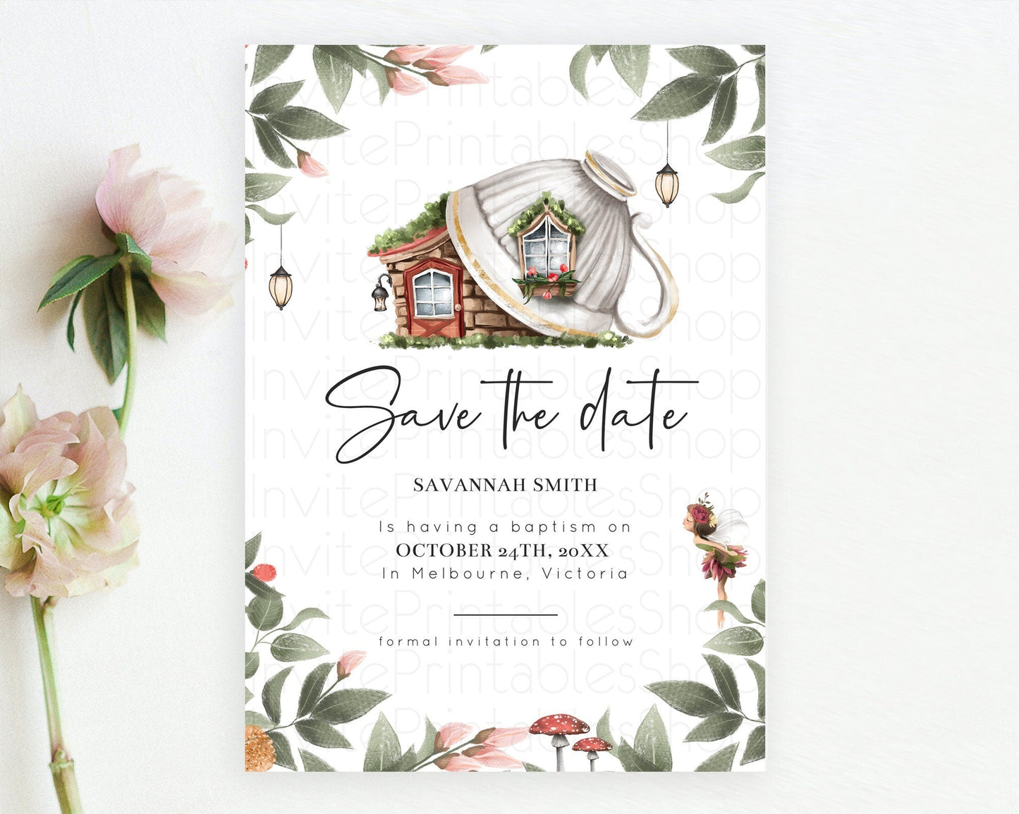 Fairy Save The Date Template Enchanted Garden Pastel Floral Butterfly Party Secret Garden Birthday Baptism Baby Shower Bridal Shower D10851