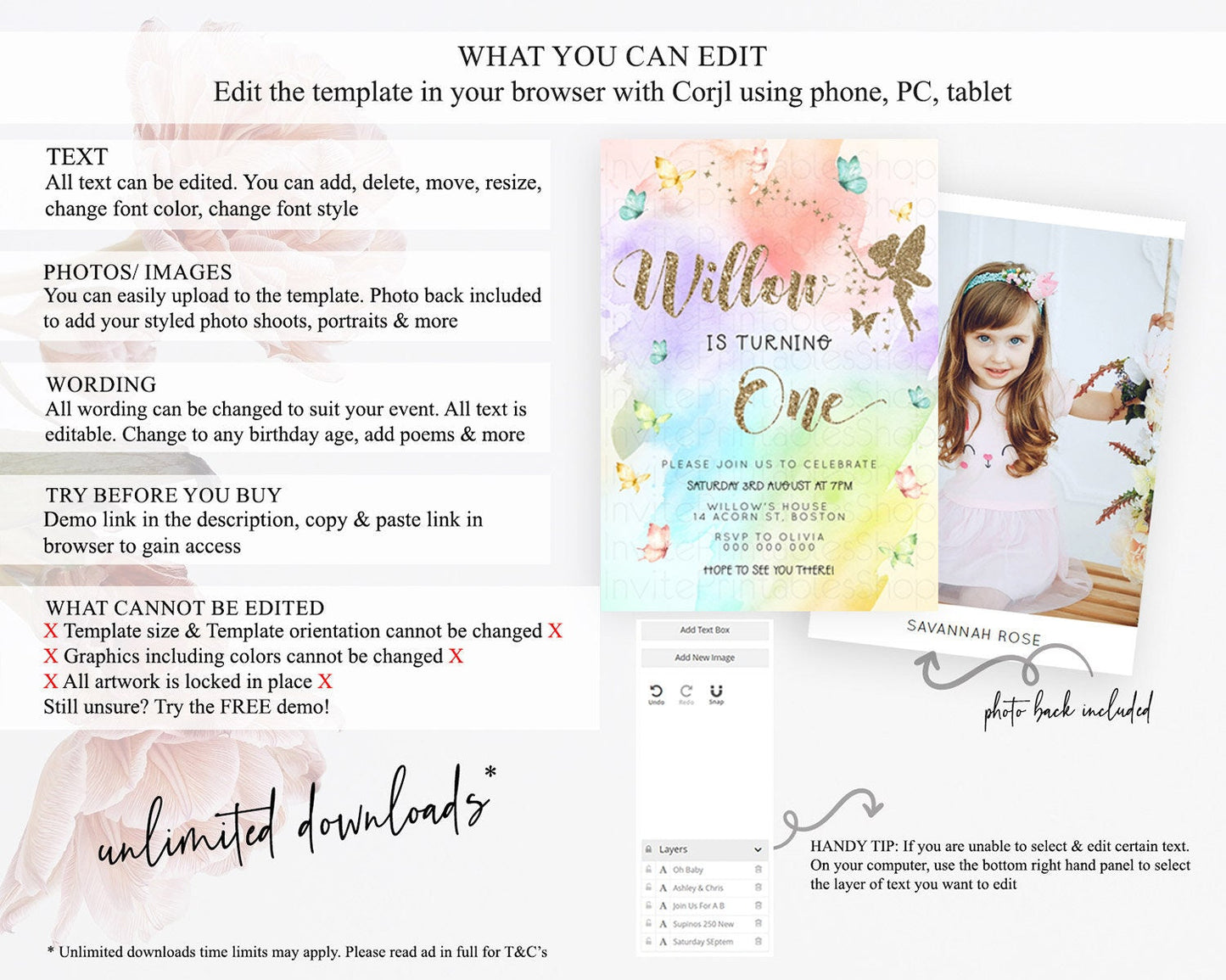 Pastel Fairy Birthday Invitation Pastel Butterflies Fairy Birthday Invitation Rainbow Ombre Watercolor 1st 2nd Birthday Invitation D23349