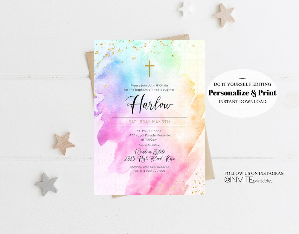 Rainbow Baptism Invitation Pastel Watercolor Christening Invitation Glitter Invite Colorful Splash Invite Gold Cross Holy Communion