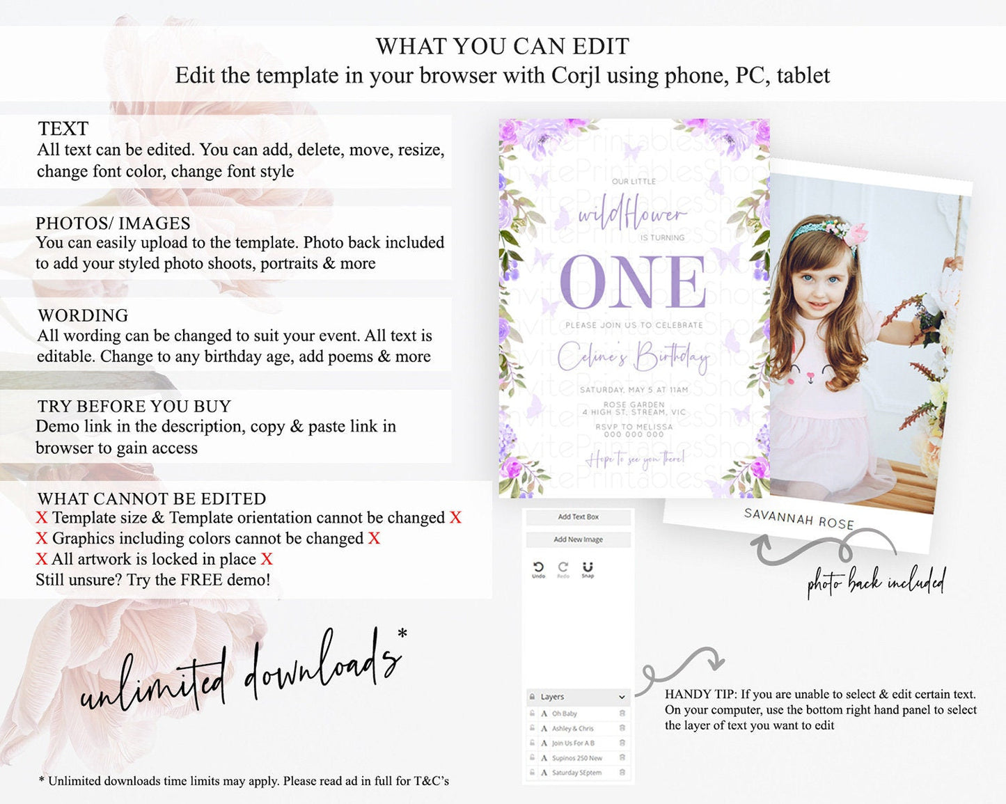 Secret Garden Invitation Wildflower Birthday Invitation Pastel Flowers Invite Enchanted Garden Boho Floral 3rd 2nd First Birthday D10719