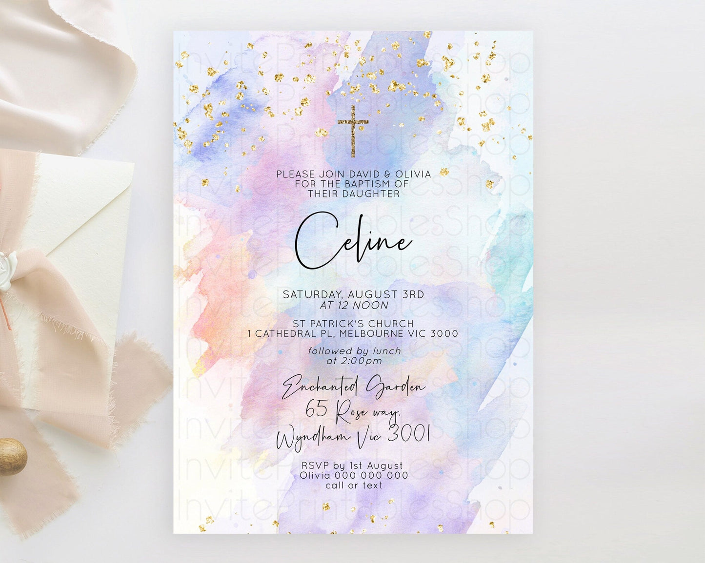 Pastel Baptism Invitation Pastel Colors Watercolor Baptism 1st Birthday Party Gold Ombre Pastel Rainbow Christening Holy Communion D10585