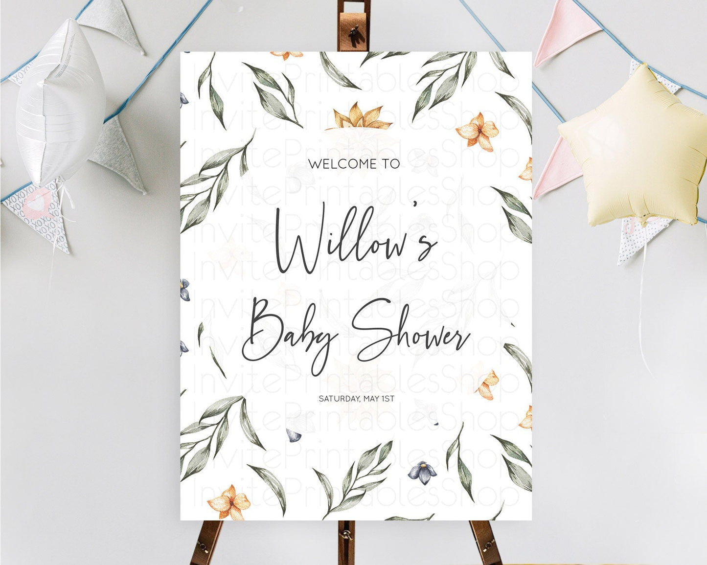 Leafy Baby Shower Welcome Sign Green Leaf Welcome Board Greenery Eucalyptus Fern Spray Leaves Watercolor Boho Garden Welcome Sign D10544