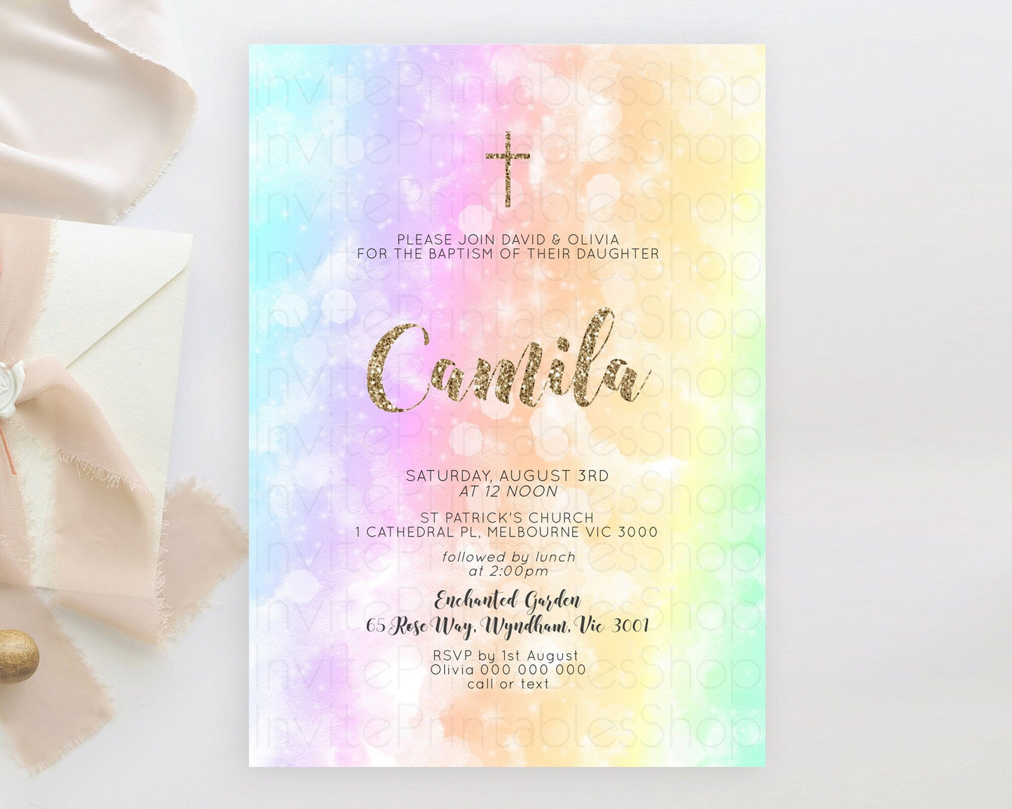 Pastel Baptism Invitation Pastel Colors Watercolor Baptism 1st Birthday Party Gold Ombre Pastel Rainbow Christening Holy Communion D10648