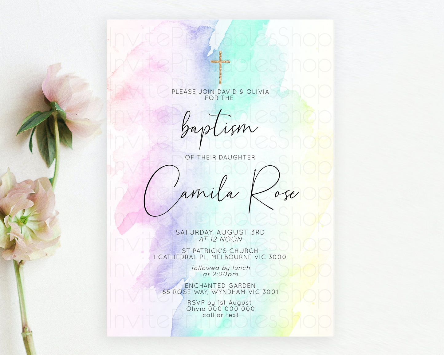 Pastel Baptism Invitation Pastel Colors Watercolor Baptism 1st Birthday Party Gold Ombre Pastel Rainbow Christening Holy Communion D10231