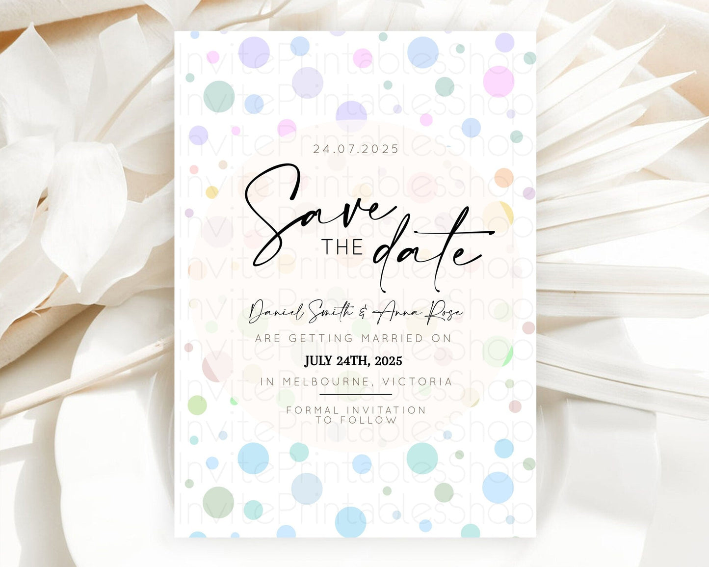 Pastel Confetti Save The Date Template Rainbow Colorful Sprinkles Party For 1st Birthday Baptism Baby Shower Wedding Bridal Shower D10135