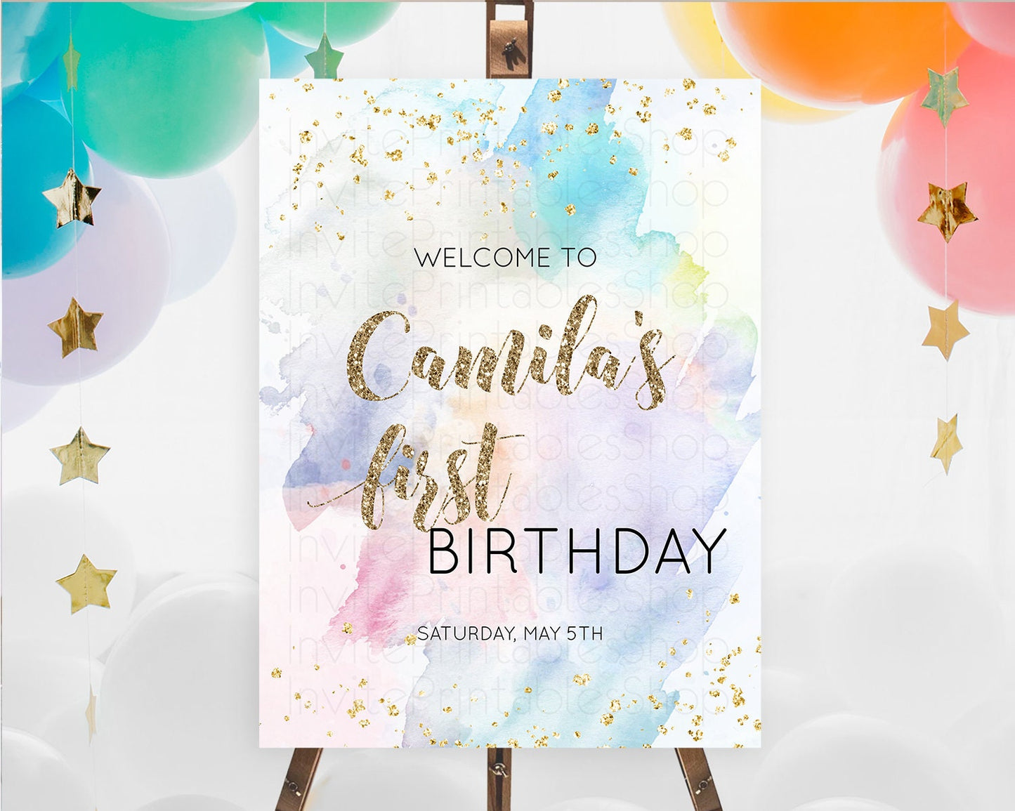 Pastel Welcome Sign Pastel Rainbow Welcome Sign Colorful Rainbow Confetti Watercolor Glitter Pastel First Birthday Welcome Sign D10421