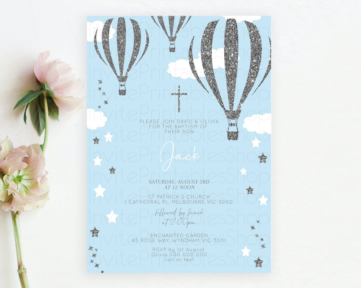 Hot Air Balloon Baptism Invitation Hot Air Balloon Baptism Birthday Invitation Adventure Awaits Up Up Away Glitter Blue Watercolor D10335