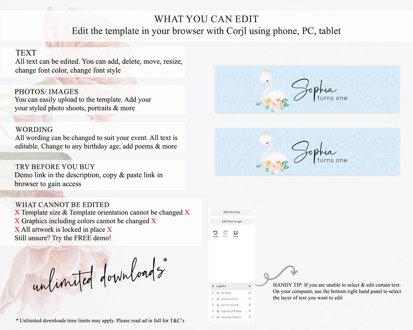 Swan Water Label Template Swan Princess Ballet Party Decor Enchanted Secret Garden Pastel Floral Birthday Baptism Baby Shower D10903