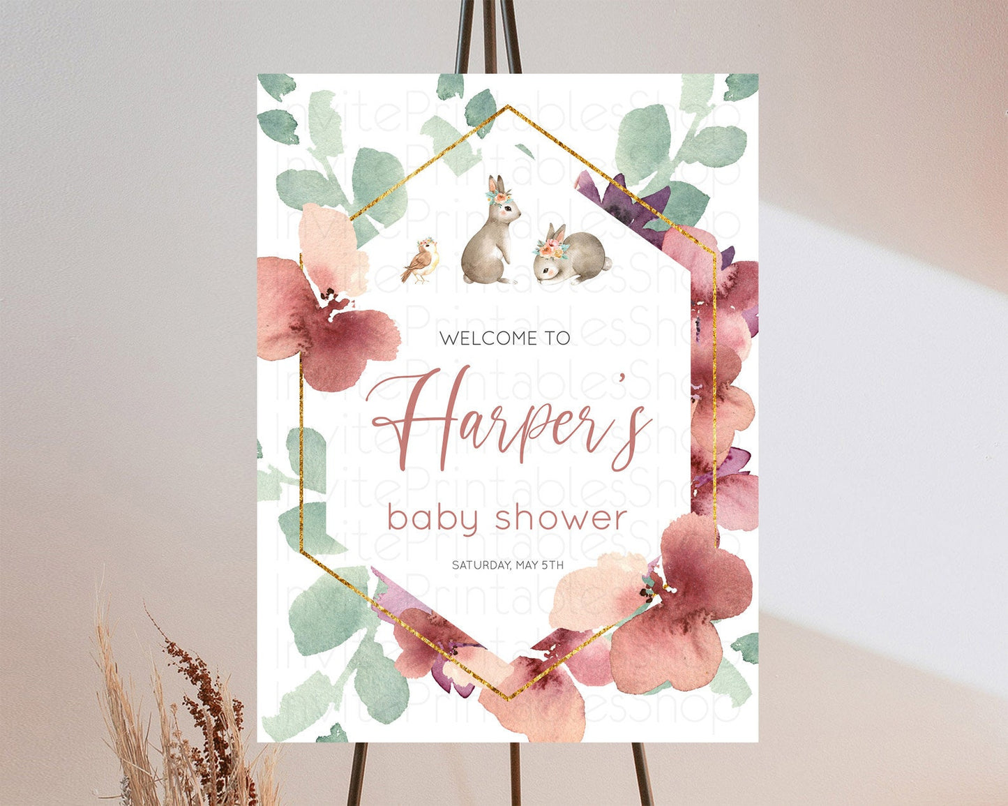 Bunny Baby Shower Welcome Sign Floral Bunny Welcome Board Pastel Flowers Woodland Bunny Welcome Poster Forest Bunny Welcome Sign D11033