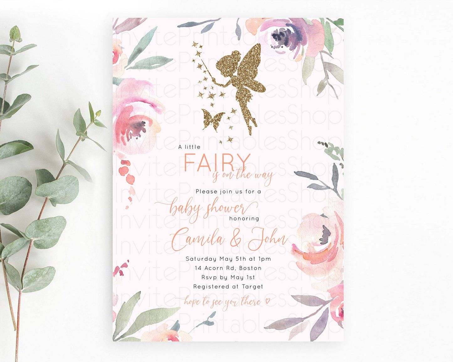 Fairy Baby Shower Invitation: Enchanted Fairy Garden, Secret Garden with Soft Purple Pink Flowers, Glitter Accents, Magical Butterfly D10197