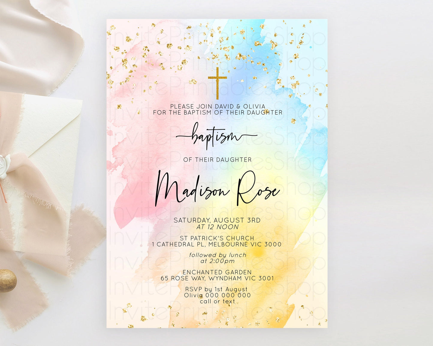 Pastel Baptism Invitation Pastel Colors Watercolor Baptism 1st Birthday Party Gold Ombre Pastel Rainbow Christening Holy Communion D10557