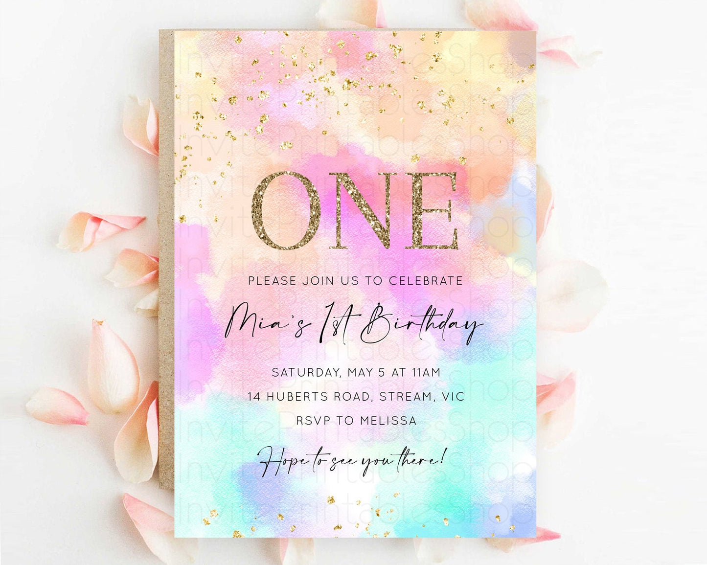 Rainbow Birthday Invitation Colorful Pastel Watercolor Invitation Gold Glitter Sprinkles Ombre Pastel 1st 2nd 3rd Birthday D10667