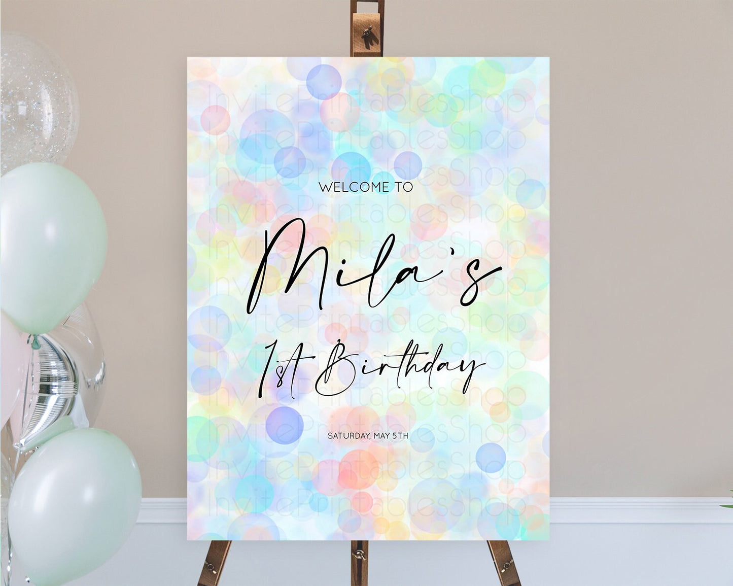 Pastel Welcome Sign Bubble Bath Birthday Party Rainbow Welcome Board Pastel Bubbles Colorful Confetti First Birthday Welcome Sign D10446