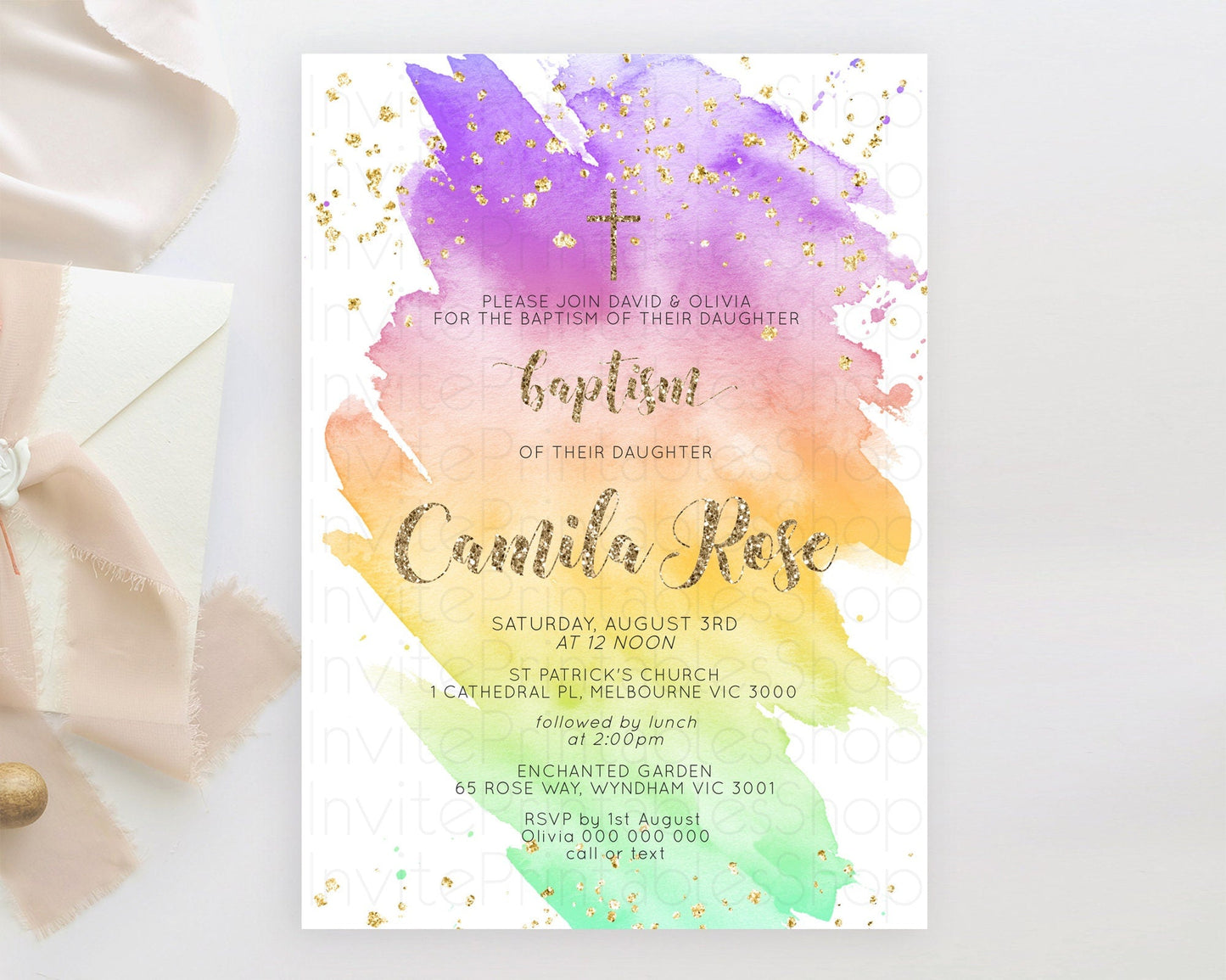 Pastel Baptism Invitation Pastel Colors Watercolor Baptism 1st Birthday Party Gold Ombre Pastel Rainbow Christening Holy Communion D10517