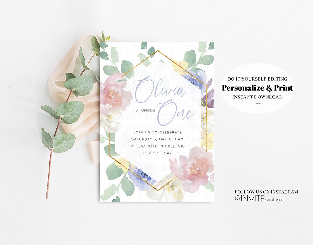 Wildflower 1st Birthday Floral Birthday Invite Pastel Floral Invite Garden Party Invite Blush Floral Invite Wild One Invite