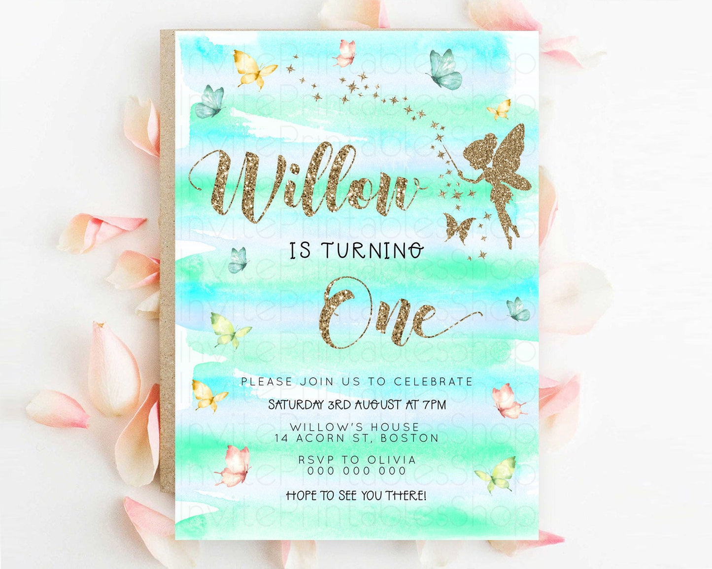 Pastel Fairy Birthday Invitation Pastel Butterflies Fairy Birthday Invitation Rainbow Ombre Watercolor 1st 2nd Birthday Invitation D23314