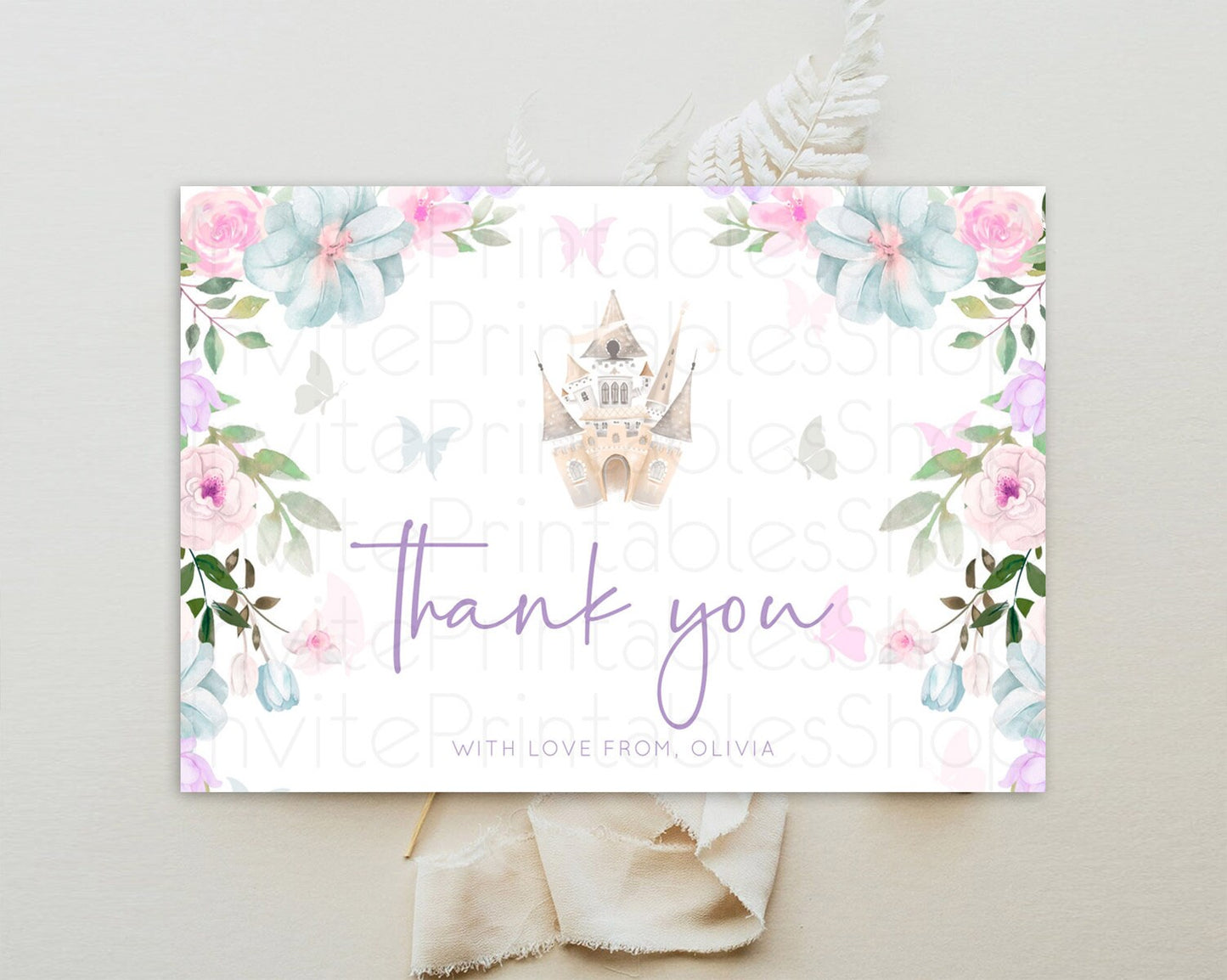 Princess Thank You Castle Thank You Card Secret Garden Birthday Thank You Card Enchanted Castle Pastel Floral Teacher Thank You Card D10471