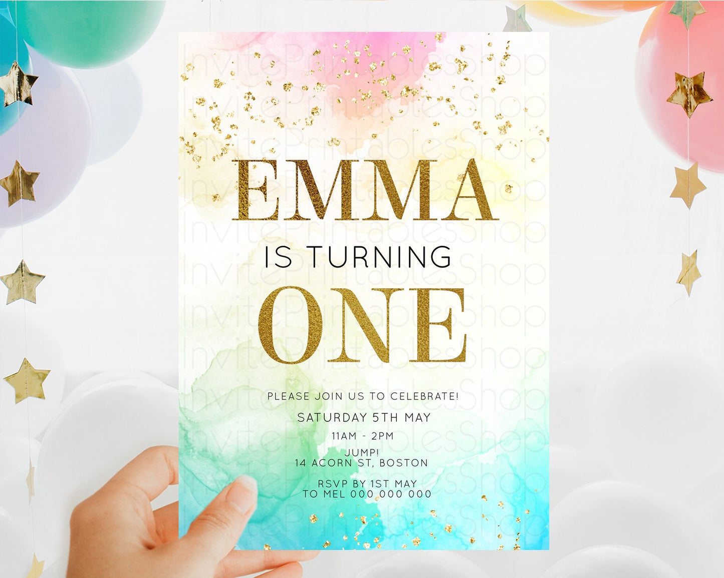 Rainbow Birthday Invitation Colorful Pastel Watercolor Invitation Gold Glitter Sprinkles Ombre Pastel 1st 2nd 3rd Birthday D10770