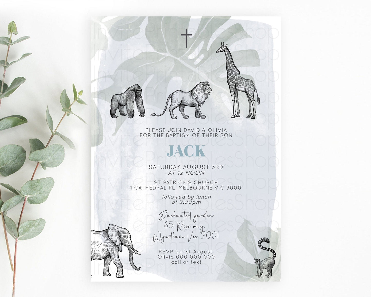 Safari Baptism Invitation Safari Adventure Baptism Birthday Invitation Lion Gorilla Elephant Rhino Tropical Palm Jungle Adventure D10821