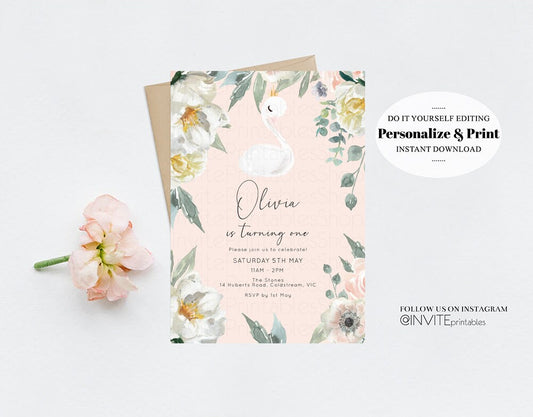 Swan Princess Birthday Invitation Swan Crown Princess Magical Enchanted Woodland Floral Secret Garden White Flowers  Custom Printable Invite