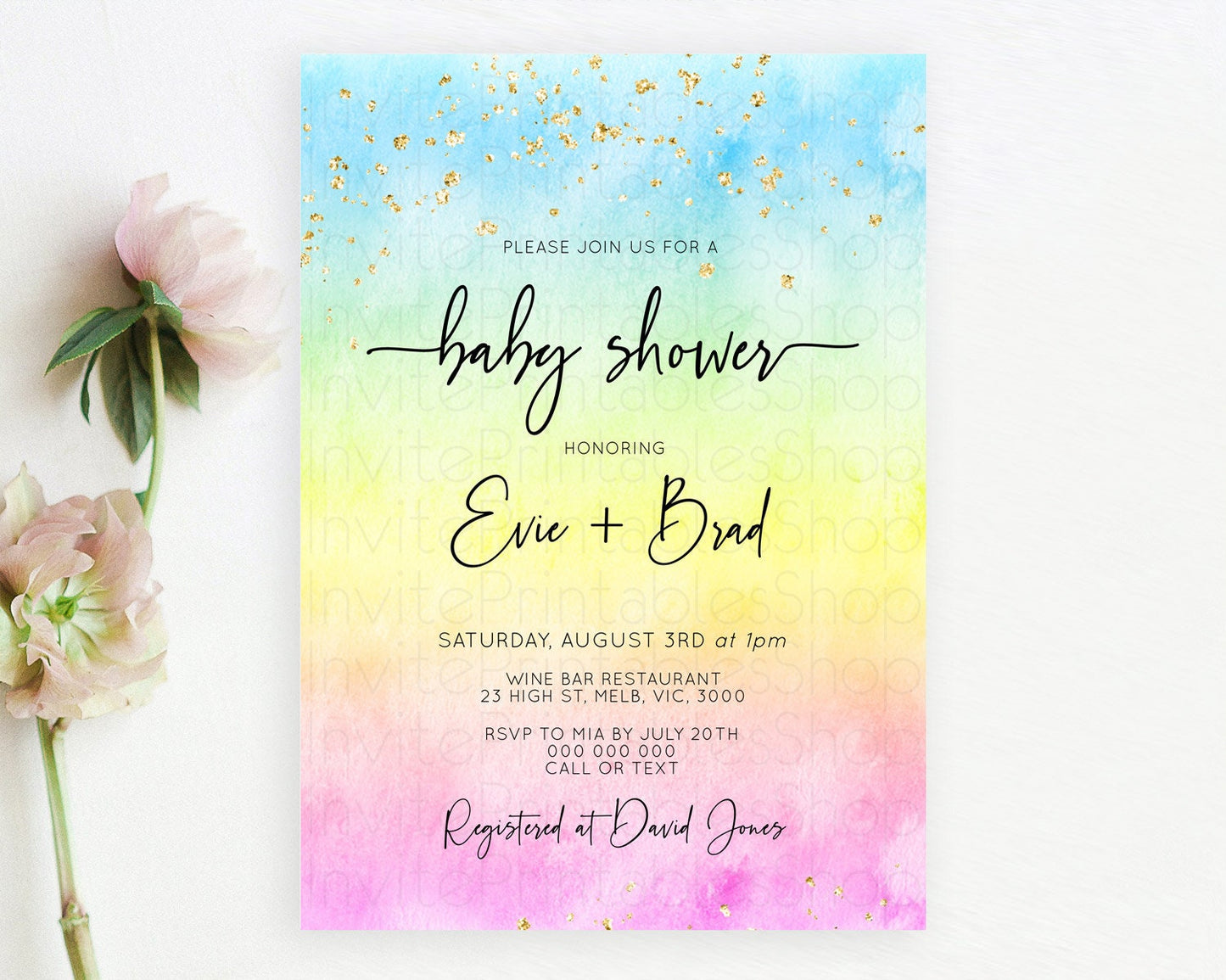 Pastel Baby Shower Invitation Rainbow Baby Shower Invitation Colorful Pastel Watercolor Invitation Gold Glitter Sprinkles Ombre D10480