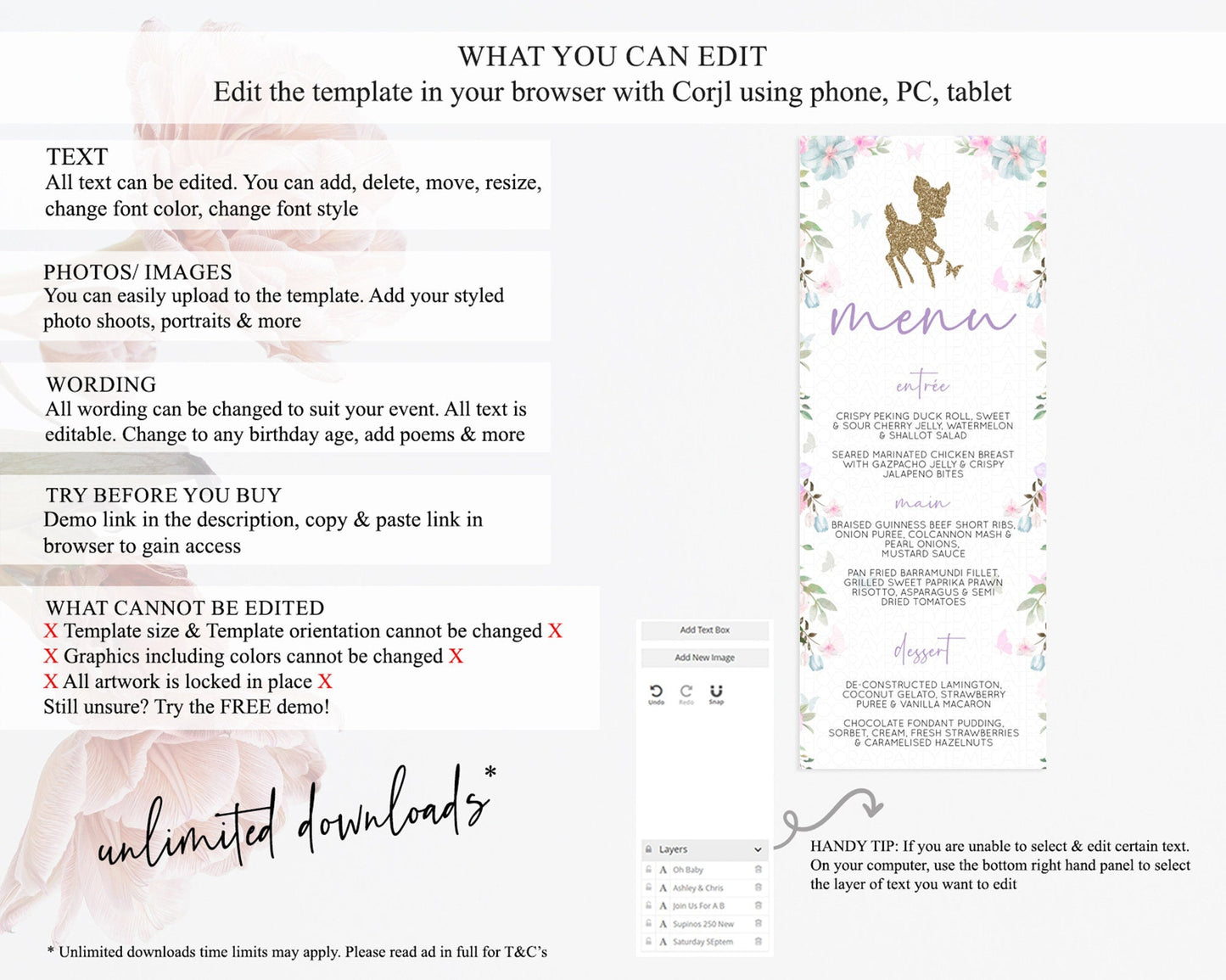 Fawn Menu Deer Menu Template Pastel Floral Deer Table Decor Enchanted Forest Butterfly Floral Dinner Dessert Menu Party Food Menu D10476
