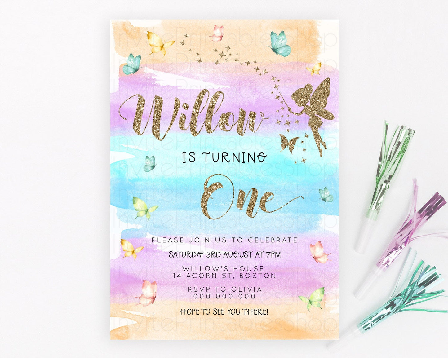 Pastel Fairy Birthday Invitation Pastel Butterflies Fairy Birthday Invitation Rainbow Ombre Watercolor 1st 2nd Birthday Invitation D23319