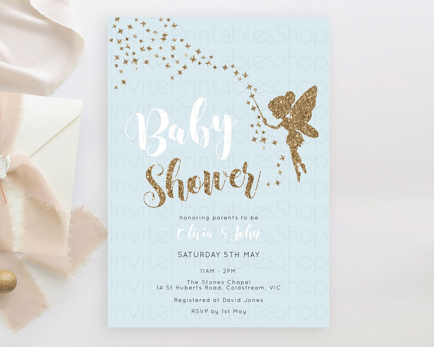 Fairy Baby Shower Invitation, Enchanted Garden, Secret Garden, Pastel Blue, Glittering Magic, Pixie Dust, Whimsical Fairy, Butterfly D10907