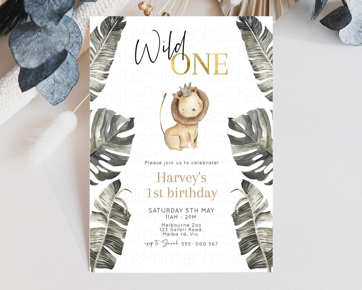 Lion Birthday Invitation Lion 1st Birthday Invite Lion Cub Invitation Lion Safari Invite Wild One Invite Zoo Party Jungle Palm Leaf 584