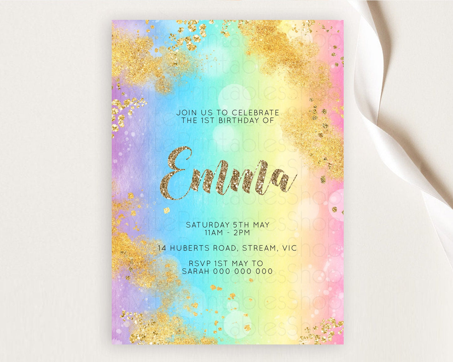 Rainbow Birthday Invitation Colorful Pastel Watercolor Invitation Gold Glitter Sprinkles Ombre Pastel 1st 2nd 3rd Birthday D10561
