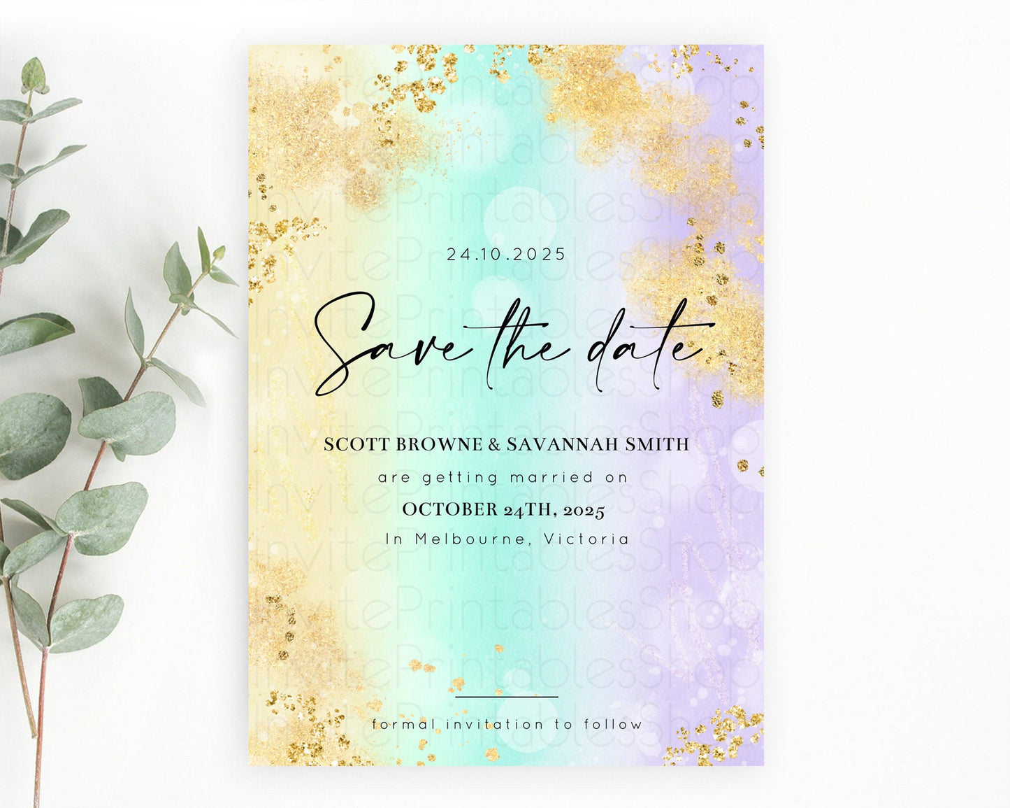 Pastel Save The Date Template Pastel Ombre Rainbow Watercolor Colorful Party For Birthday Baptism Baby Shower Wedding Bridal Shower D10672