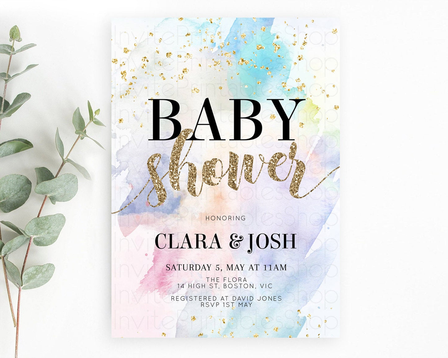 Pastel Baby Shower Invitation Rainbow Baby Shower Invitation Colorful Pastel Watercolor Invitation Gold Glitter Sprinkles Ombre D10421