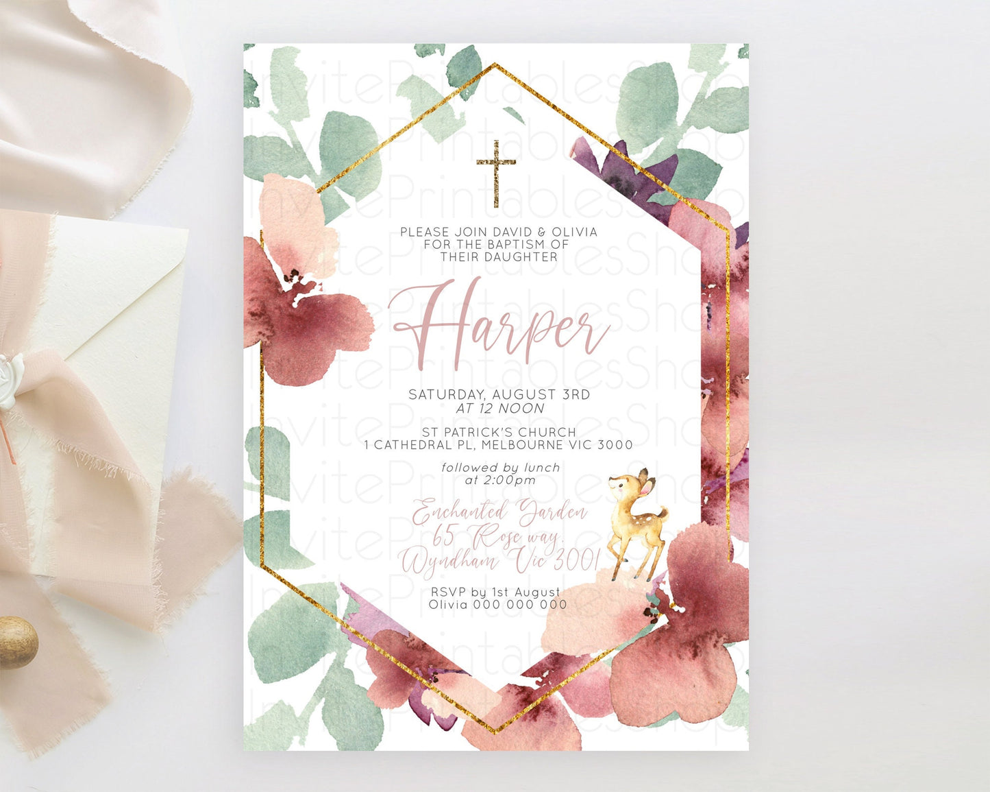 Fawn Baptism Invitation Deer Baptism 1st Birthday Invitation Enchanted Forest Christening Invitation Pastel Garden Butterfly Floral D10915