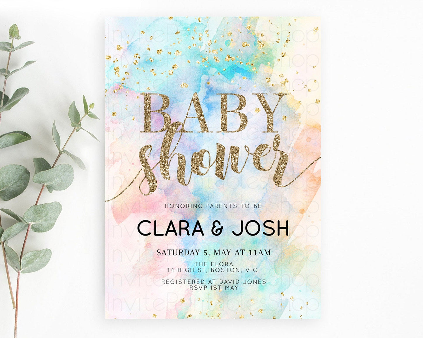 Pastel Rainbow Baby Shower Invitation, Pastel Watercolor, Colorful Ombre Splash with Gold Glitter - Teal Blue, Orange, Yellow Pink D10261