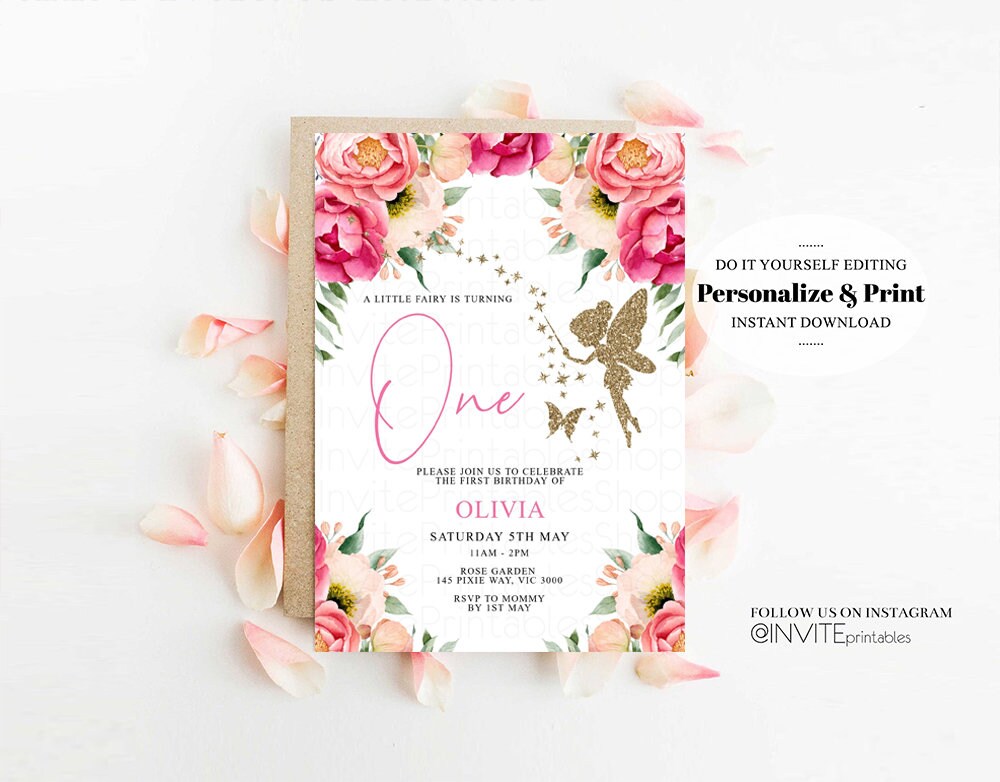 Fairy Birthday Invitation Floral Garden Fairy Invite Fairy Invitation Pink Flower Gold Glitter Whimsical Butterflies Pixie Magic 392