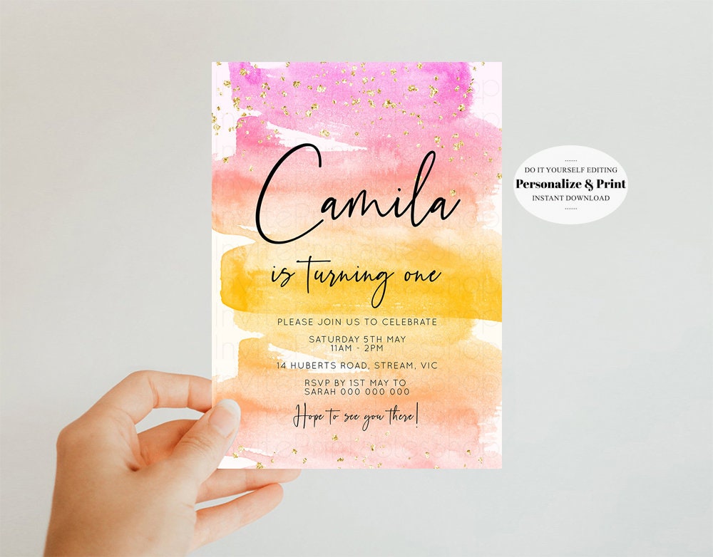 Pastel Birthday Invitation Pink Pastel Birthday Invitation Tropical Sunset Watercolor Invite Ombre Invitation Gold Glitter Sprinkles Invite