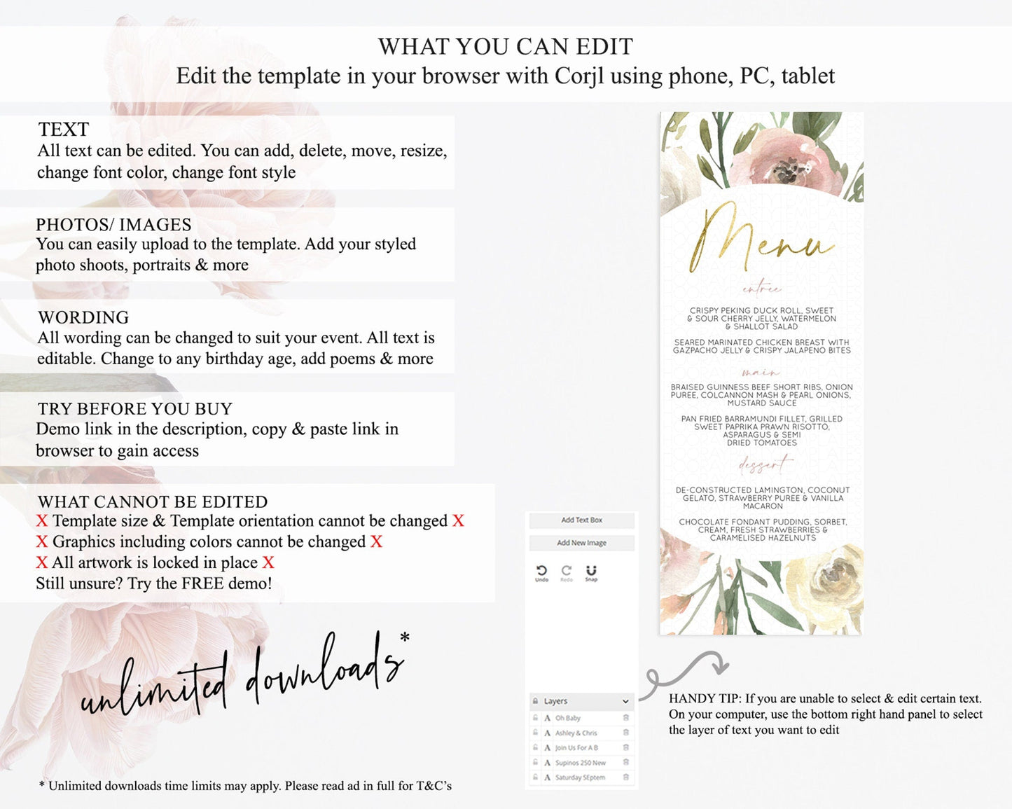 Secret Garden Menu Wildflower Menu Template Pastel Flower Garden Table Decor Boho Floral Dinner Dessert Floral Party Food Menu D10202