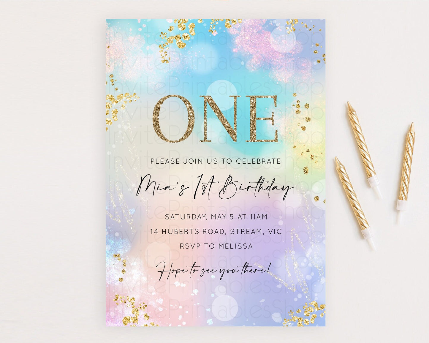 Rainbow Birthday Invitation Colorful Pastel Watercolor Invitation Gold Glitter Sprinkles Ombre Pastel 1st 2nd 3rd Birthday D10675