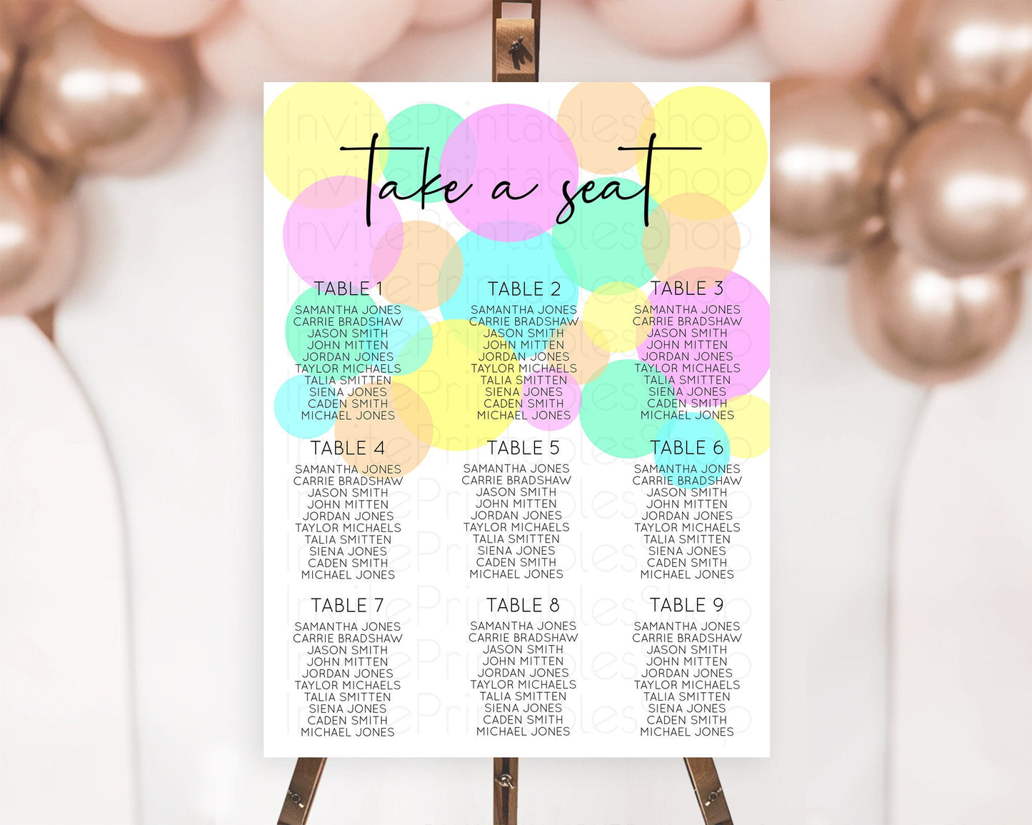 Editable Pastel Seating Chart Pastel Confetti Seating Chart Bubbles Sprinkle