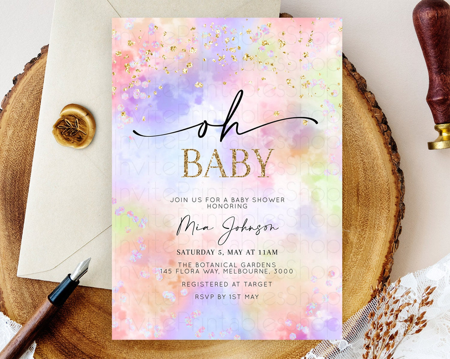 Pastel Baby Shower Invitation Rainbow Baby Shower Invitation Colorful Pastel Watercolor Invitation Gold Glitter Sprinkles Ombre D10610