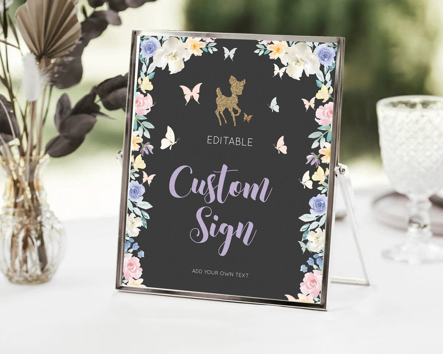 Fawn Deer Sign Pastel Floral Deer Table Sign Decor Enchanted Forest Butterfly Party 1st Birthday Baptism Baby Shower Bridal Shower D10880