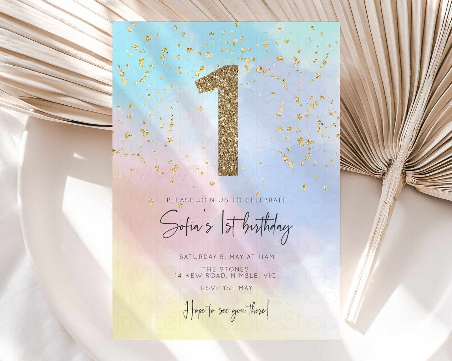 Rainbow Birthday Invitation Pastel Clouds Invitation Rainbow Sky Invite Colorful Watercolor Invite Glitter Sprinkle Invite 1st 2nd 3rd 446