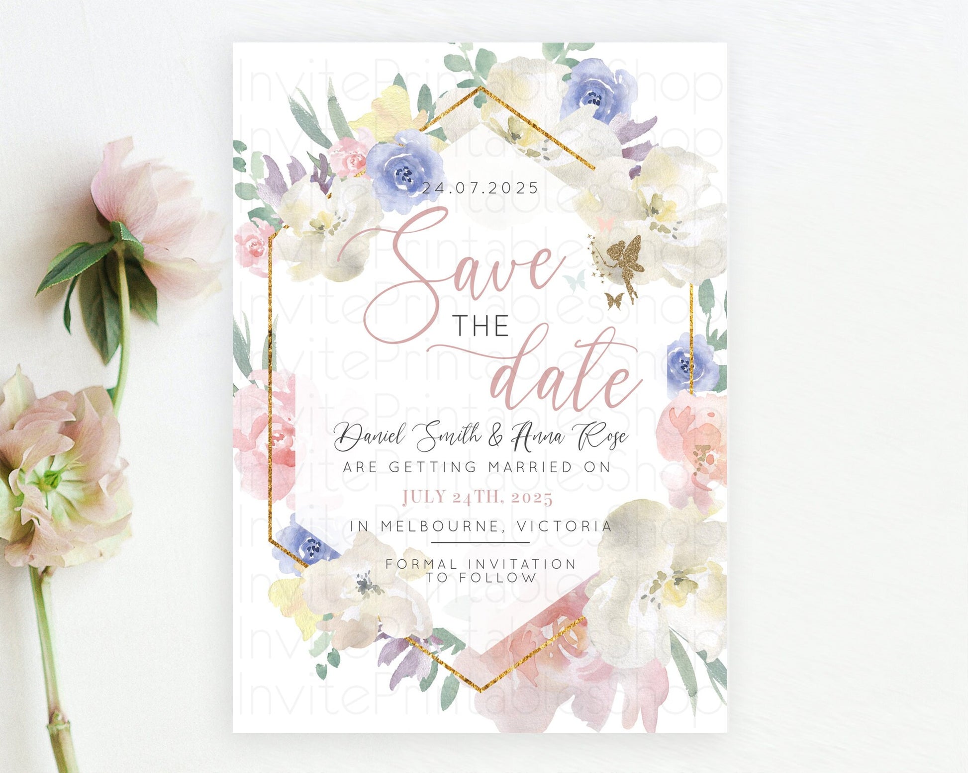 Editable Fairy Save The Date Template Enchanted Garden Pastel Floral Butterf