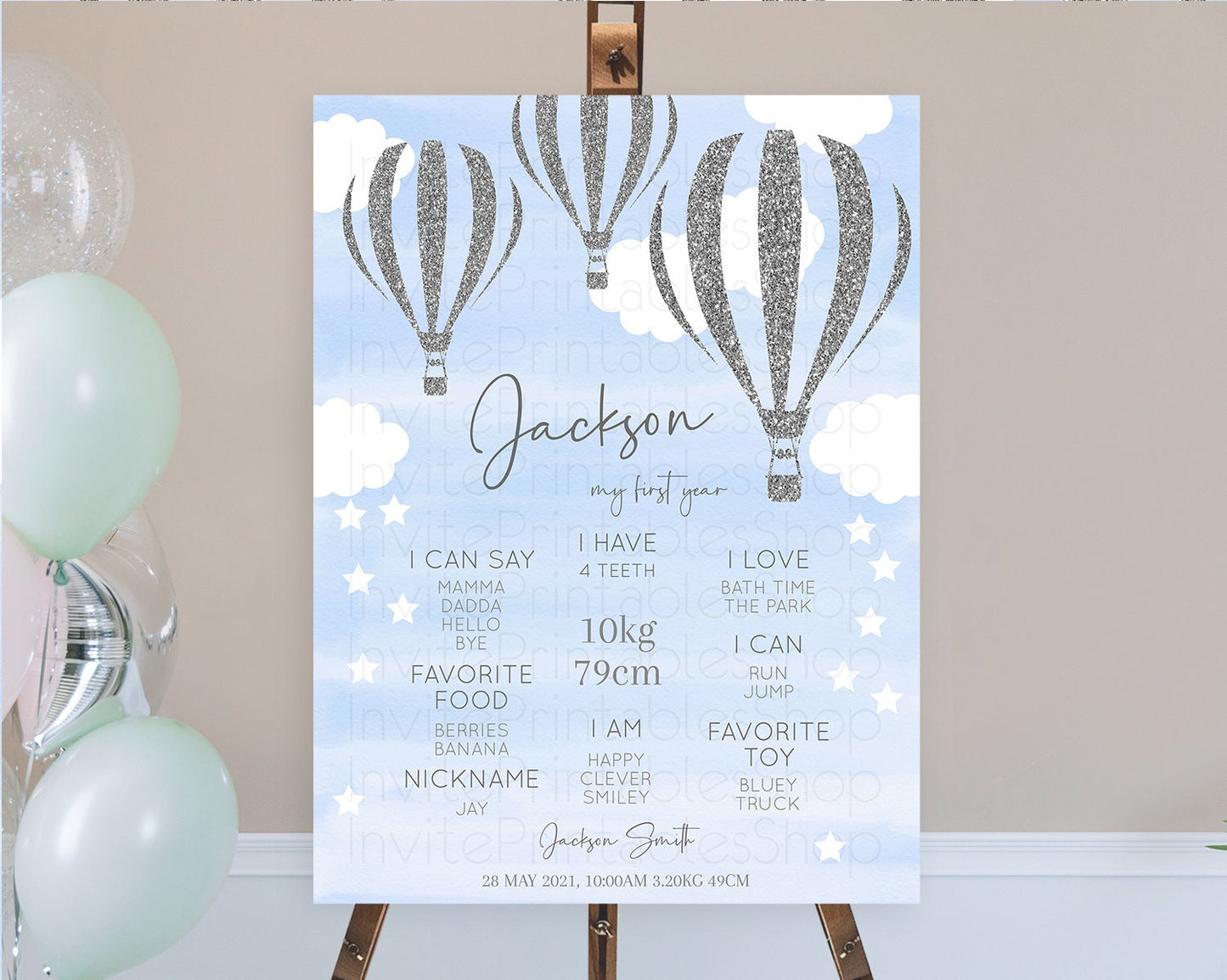 Editable Hot Air Balloon First Birthday Milestone Poster Hot Air Balloon Mil
