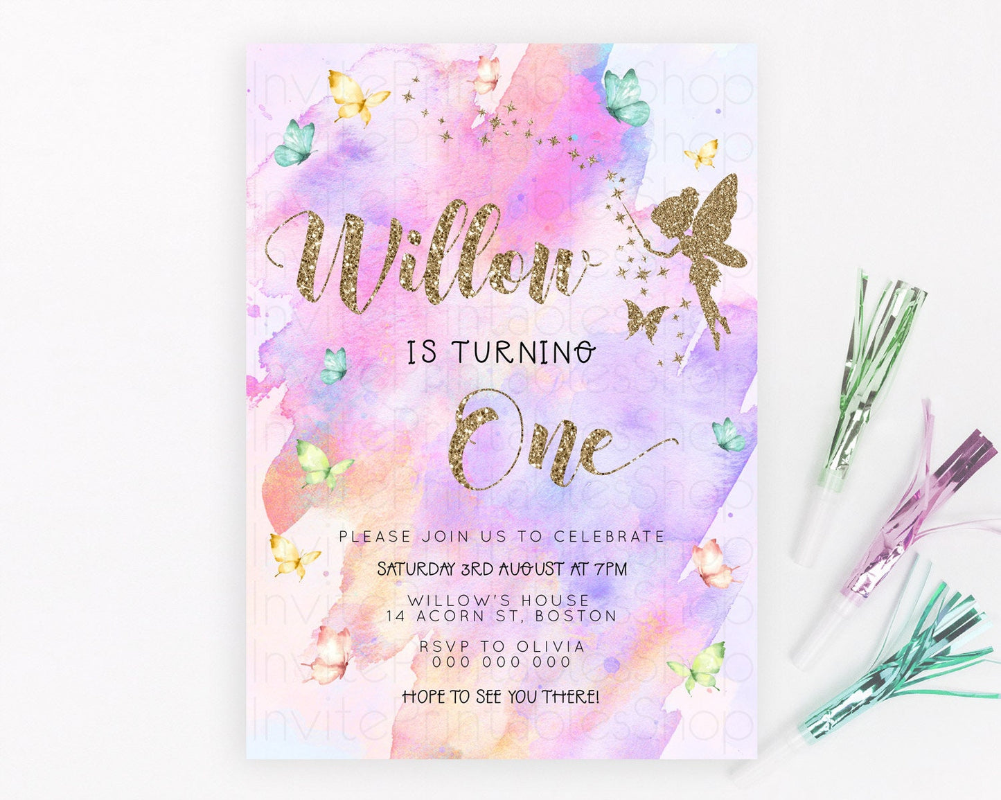 Pastel Fairy Birthday Invitation Pastel Butterflies Fairy Birthday Invitation Rainbow Ombre Watercolor 1st 2nd Birthday Invitation D23345