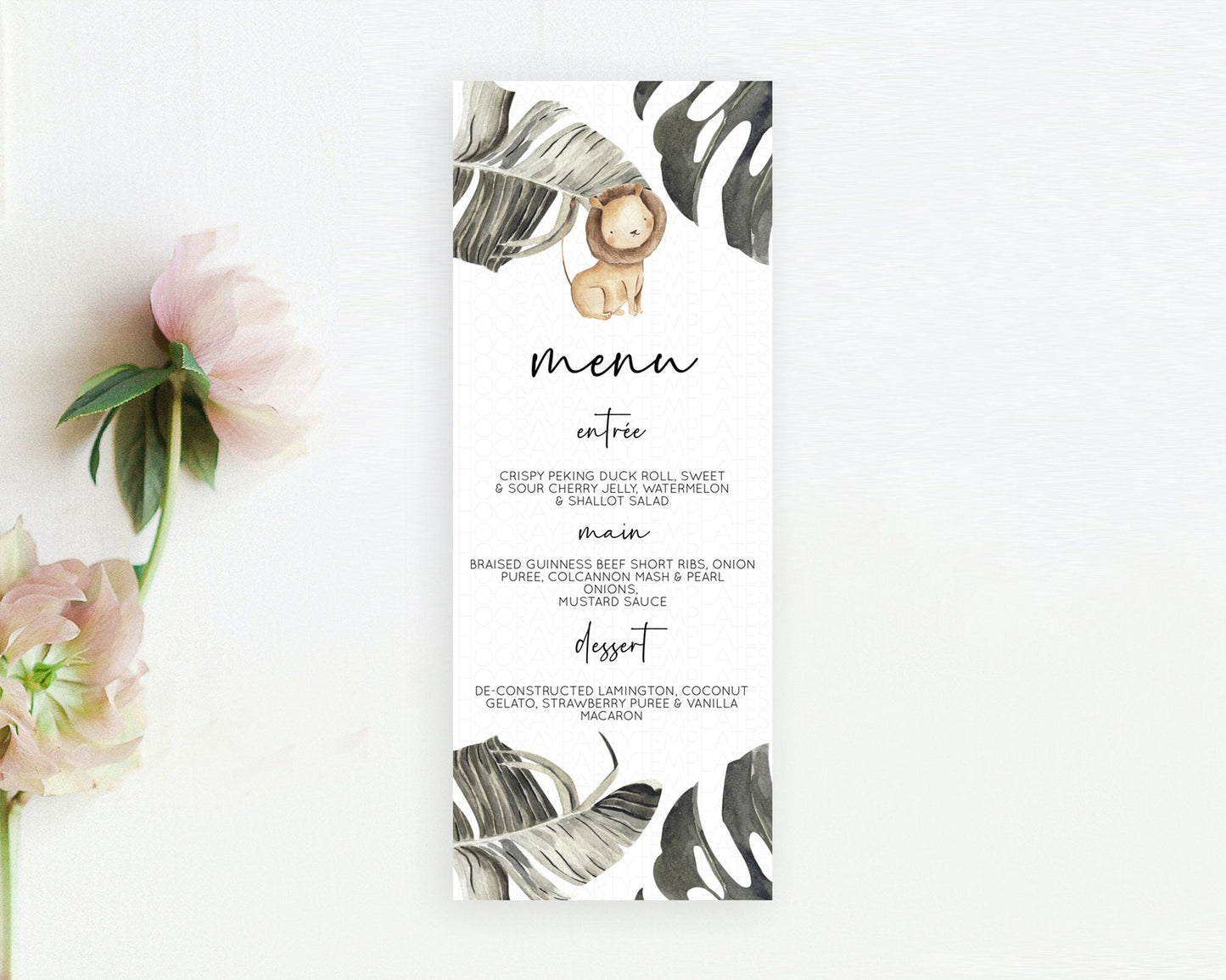 Lion Menu Lion Menu Template Lion Party Table Decor Safari Adventure Lion Menu Dried Palm Fern Lion Dinner Dessert Party Food Menu D10599