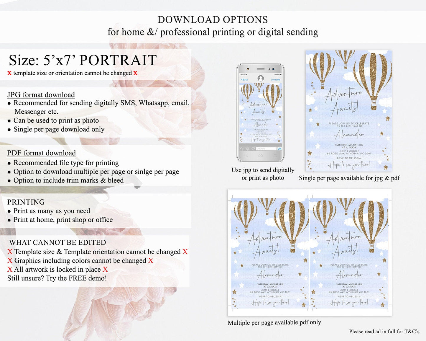 Hot Air Balloon Birthday Invitation Hot Air Balloon Invites Adventure Awaits Up Up & Away Glitter Blue Watercolor 1st Birthday Boy D10333