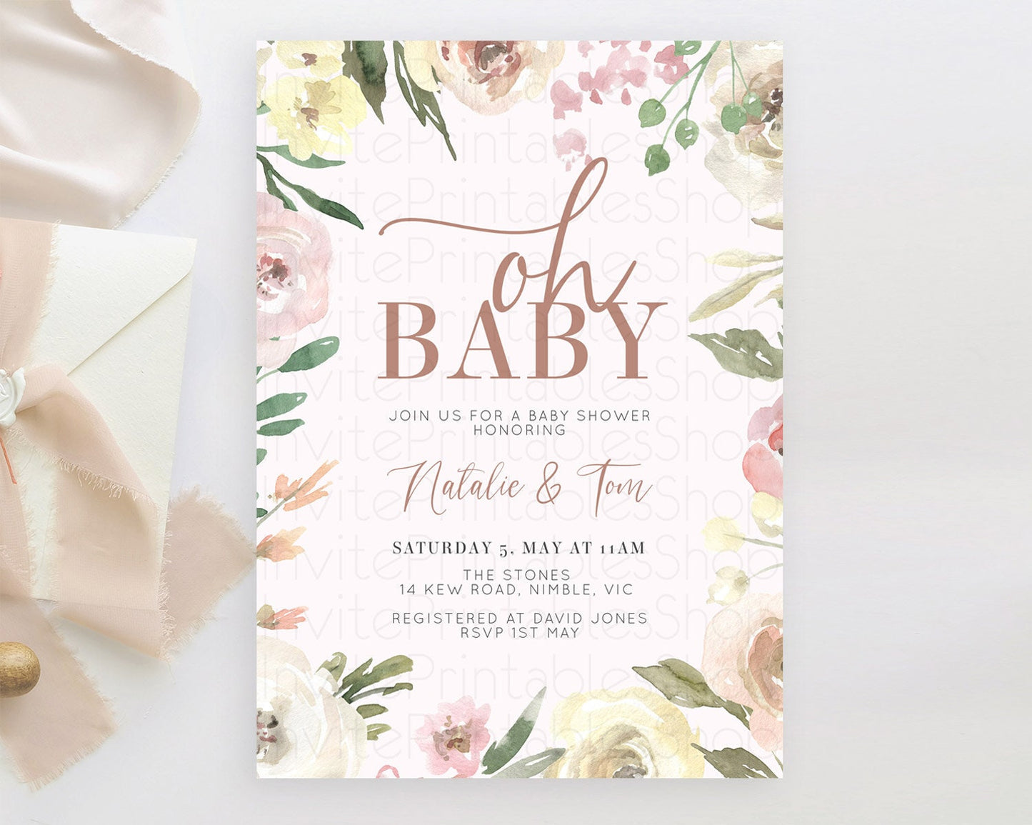 Wildflower Baby Shower Invitation, Enchanted Secret Garden Theme with Soft Pink, Green, and Yellow Flowers, Oh Baby Floral Invitation D10192