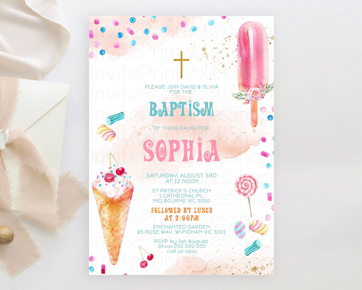 Ice Cream Baptism Invitation Sweet One 1st Birthday Baptism Invitation Pastel Heres The Scoop Christening Invite Two Sweet One Theme D10554